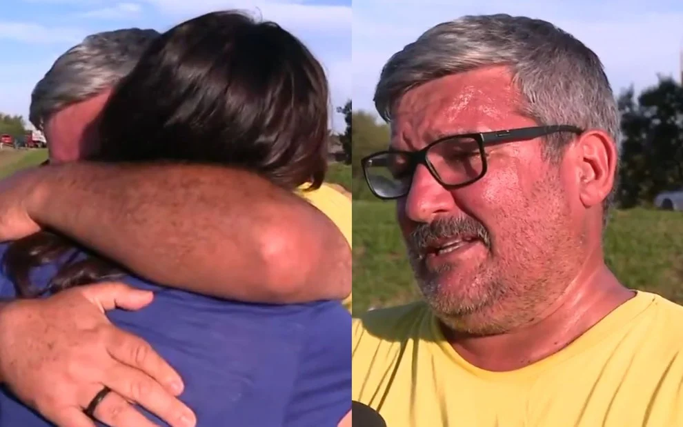 Jornalista da TV Globo se emociona e abraça padre que perdeu tudo no Rio Grande do Sul